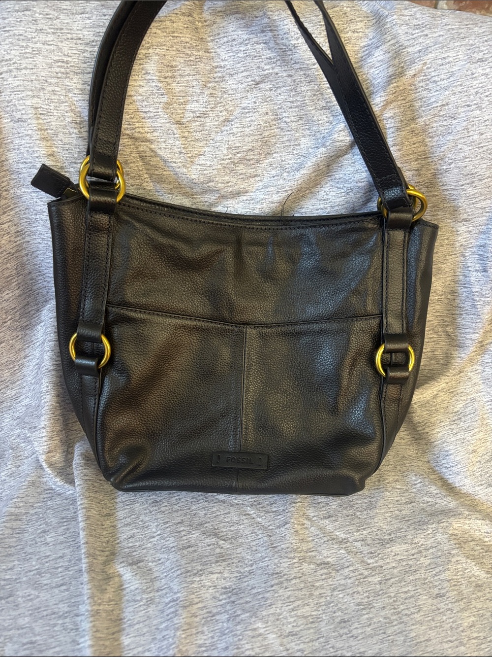 Fossil Black Pebbled Leather Shoulder Bag with Gold Hardware